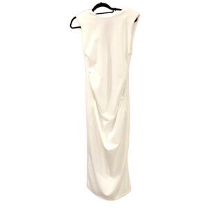 ZARA~SLEEVELESS WHITE CREPE MIDI DRESS SHOULDER PADS PLUNGING BACK NWT Sz MEDIUM